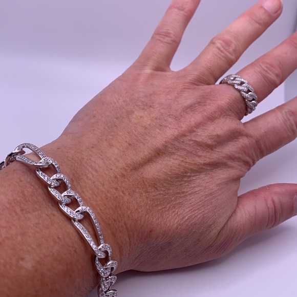 .925 Sterling Silver Curb Bracelet with Cubic Zirconia Links - NWT - Picture 3 of 4